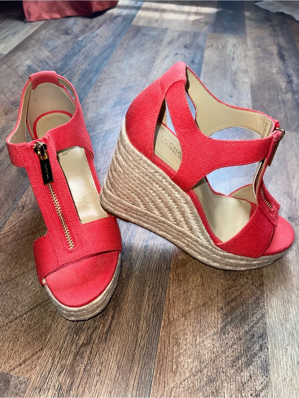 Michael Kors Coral-Red Espadrille Wedge Sandals with Front Zipper